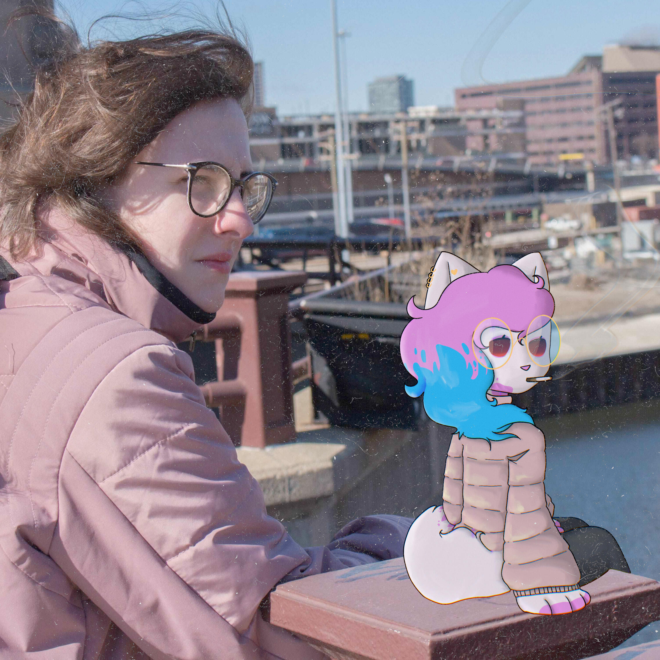 EP art of Twilight leaning on some railing, and her fursona sitting on top of a slab. Both of them are staring off into the Chicago distance.