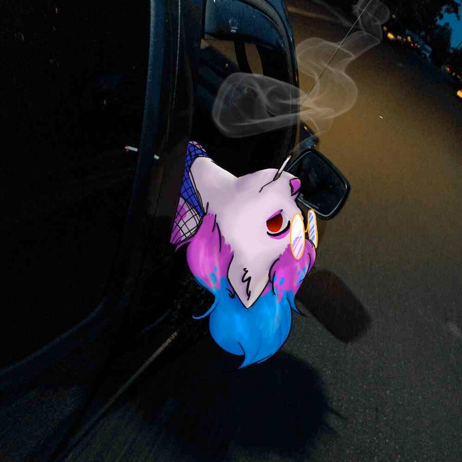 A draw-over of the cover art for Jane Remover's song "Flash In The Pan." In place of Jane is Twilight's fursona, her head leaning out of the window of a car, smoking a cigarette.