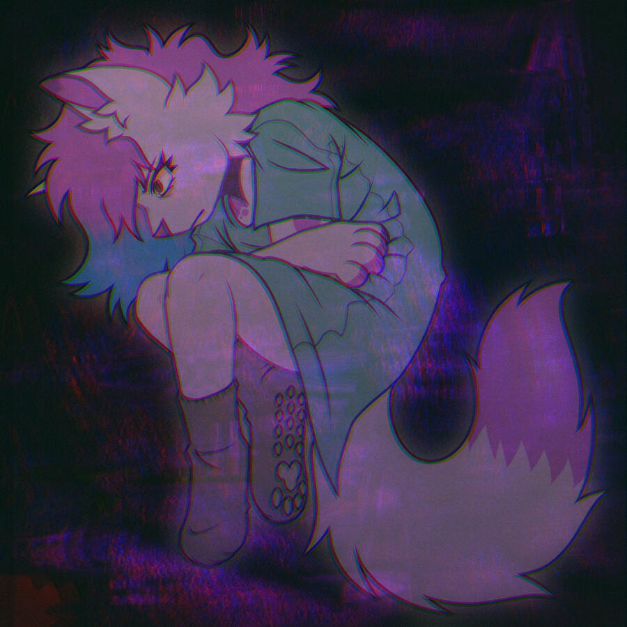 A dark and glitchy purple background, with Twilight's fursona laying down in psychiatric ward clothing. She is half transparent as she stares off into nothing, zoning out.