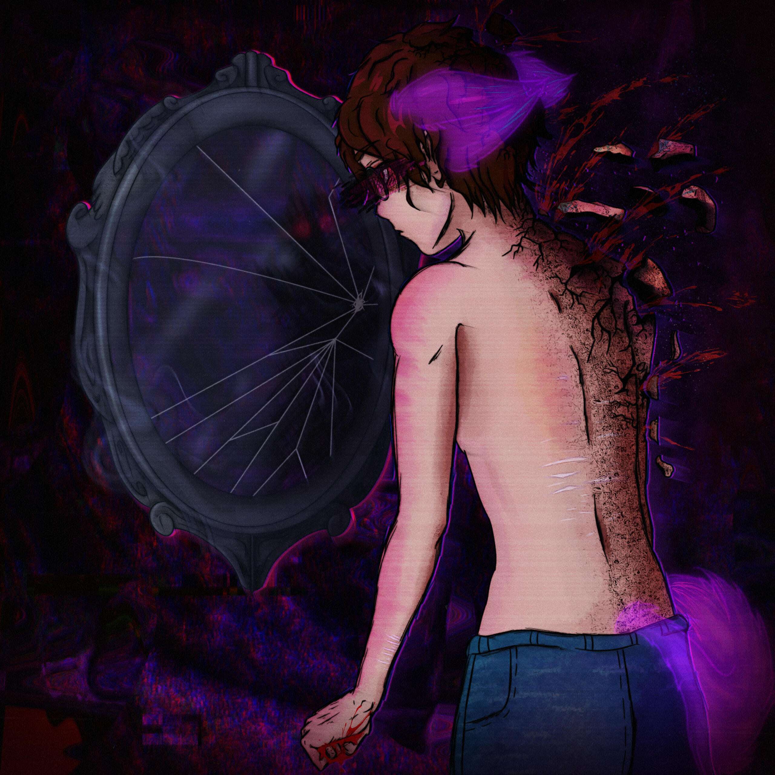 Drawn album art of Twilight staring into a broken mirror, with pieces completely shattered off. In the shattered of pieces is a the shadowy silhouette of Casper. They both hold the same pose.