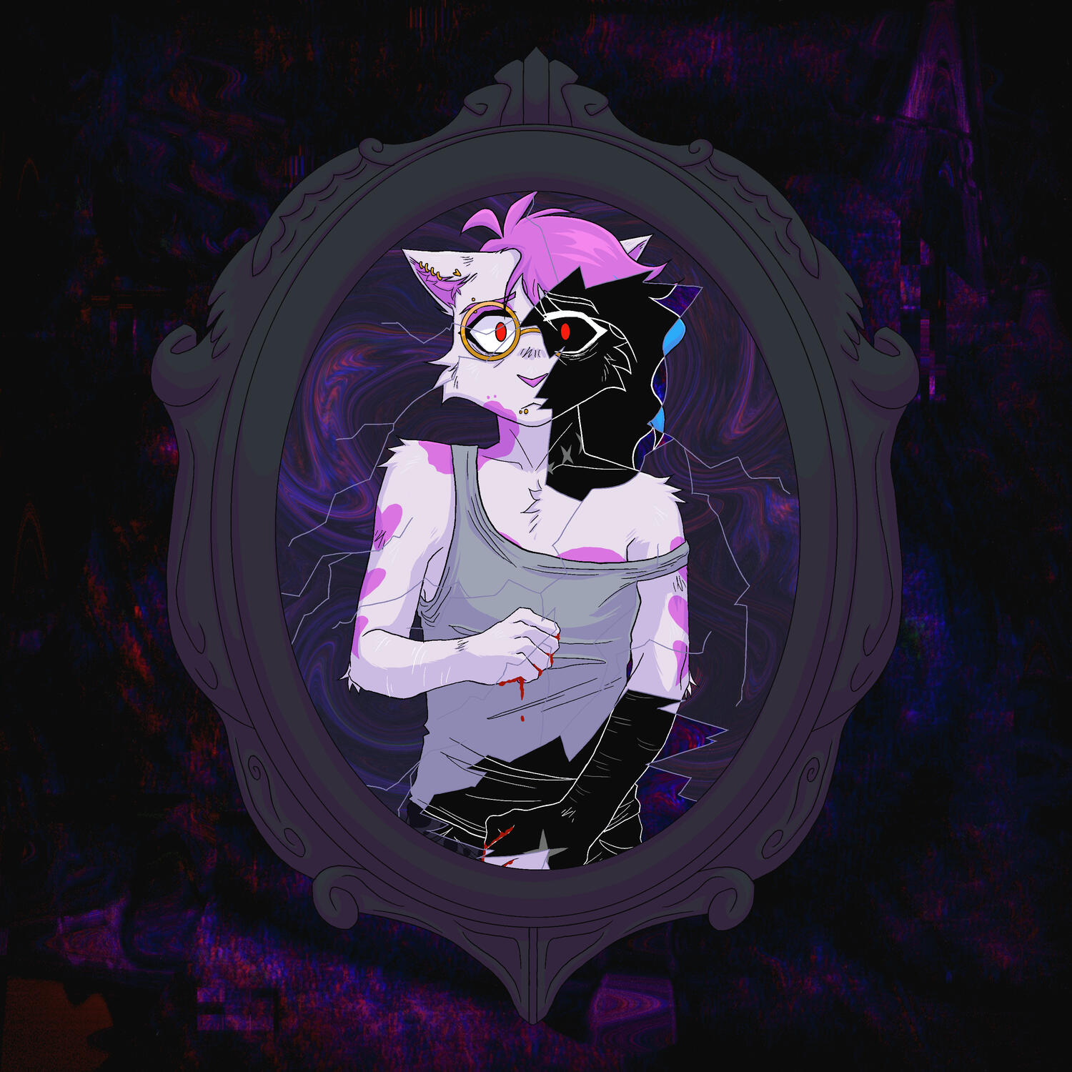 Drawn album art of Twilight staring into a broken mirror, with pieces completely shattered off. In the shattered of pieces is a the shadowy silhouette of Casper. They both hold the same pose.